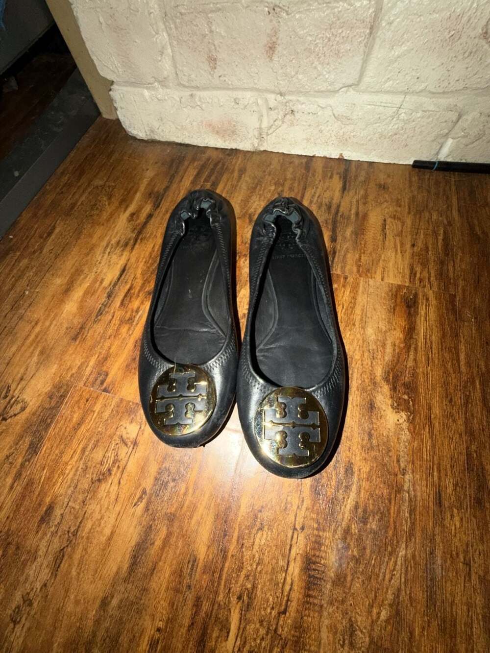 Tory Burch Black Leather Gold Logo Medallion Ballet Flats